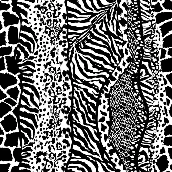 Pieles Animales Salvajes Blanco Negro Patchwork Vector Abstracto Patrón Sin — Vector de stock