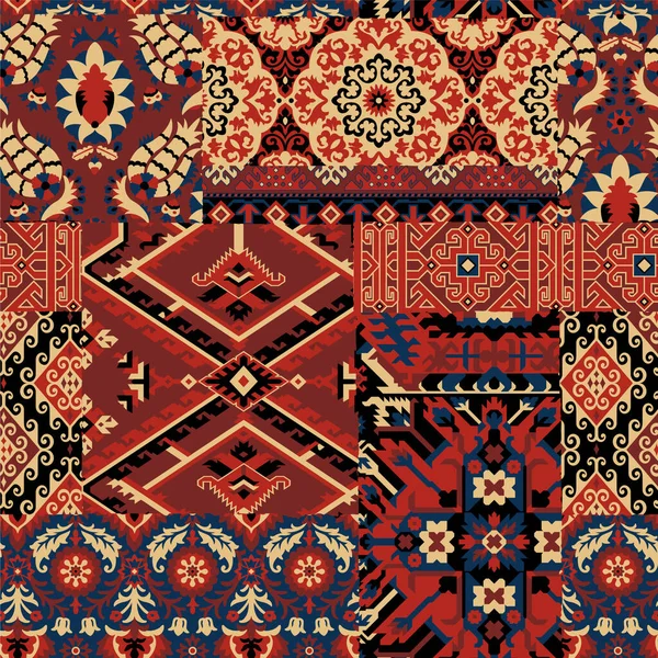 ダマスクアラベスク抽象ファブリックパッチワーク壁紙ベクトルシームレスパターン — ストックベクタ