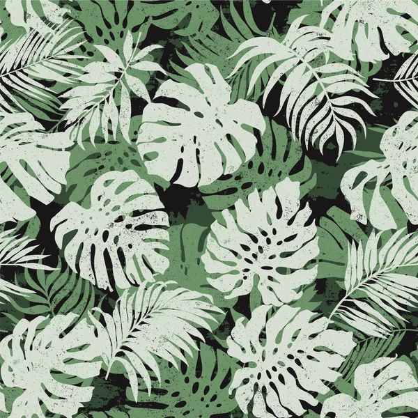 Monstera Tropical Hojas Palma Vector Abstracto Patrón Sin Costura — Vector de stock