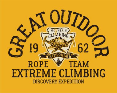 Dağcılık aşırı tırmanma halat ekibi keşif keşif gezisi erkek t-shirt grunge etkisi için ayrı katman vintage vektör sanat
