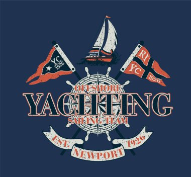 Offshore sailing team yachting club vintage vector print for boy kid t shirt grunge effect in separate layer