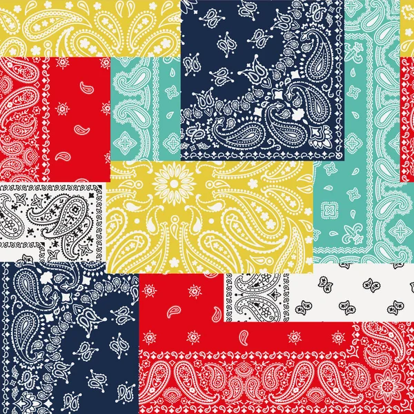 Colorful Paisley Bandana Fabric Patchwork Abstract Vector Seamless Pattern — Stock Vector