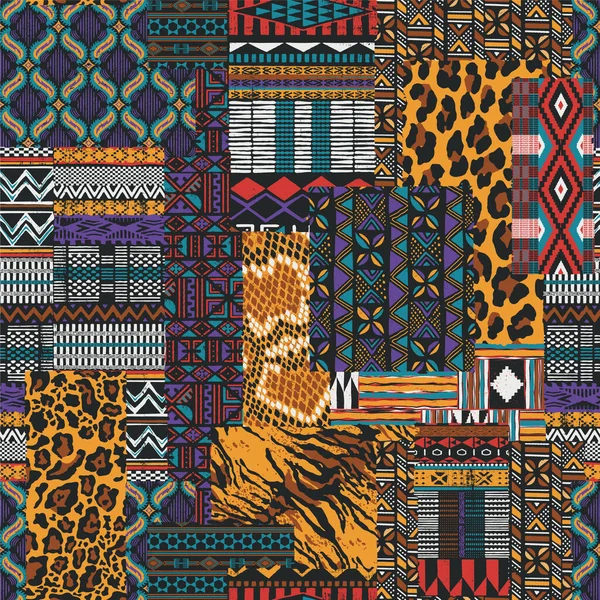 Traditioneller Afrikanischer Stoff Und Wildtierhaut Patchwork Abstrakte Vektor Nahtlose Muster — Stockvektor