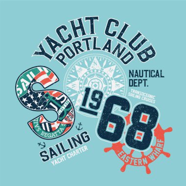 Yacht charter transoceanic sailing cruises vintage vector print for boy kid shirt grunge effect in separate layer