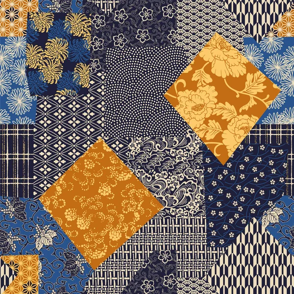 Traditional Japanese Fabric Patchwork Wallpaper Abstract Vector Seamless Pattern — Stock Vector