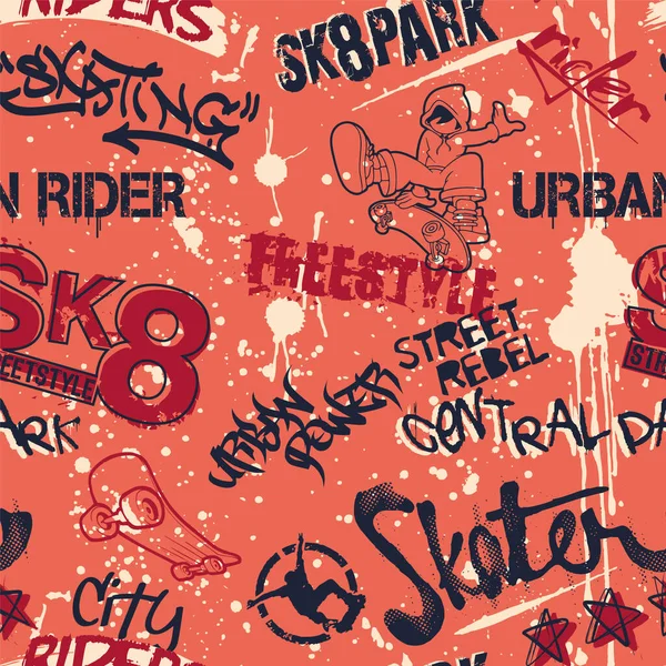 Urban Skateboard Rider Graffiti Lettering Abstract Vector Seamless Pattern — ストックベクタ