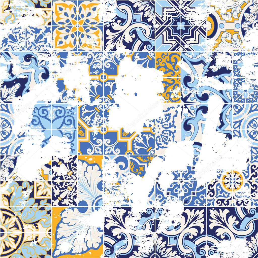 Geometric Azulejos ceramic tiles patchwork wallpaper abstract vector seamless pattern grunge effect in separate layer