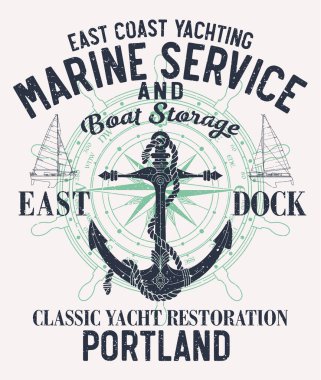 Yacht and sailing boat marine service vintage nautical vector artwork for kid boy t shirt grunge effect in separate layer