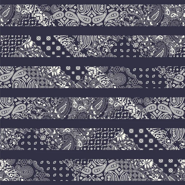 Striped Paisley Bandana Fabric Patchwork Abstract Vector Seamless Pattern — Stock vektor
