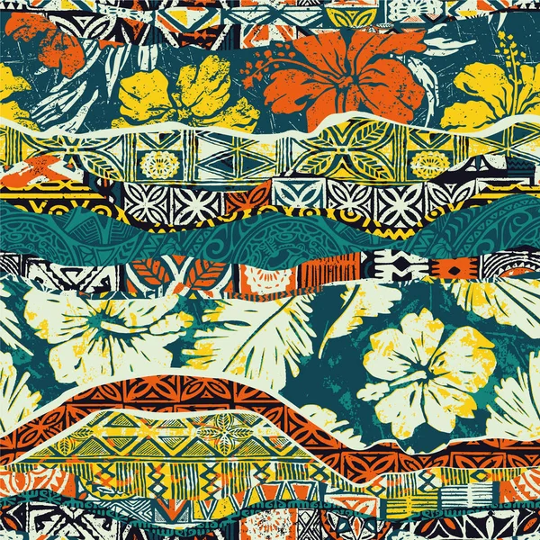 Hawaiian Tribal Elements Hibiscus Fabric Patchwork Abstract Striped Vector Seamless — Stock vektor