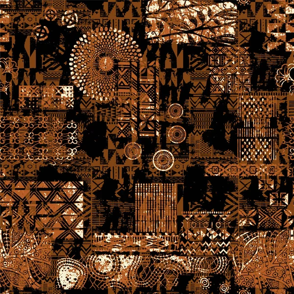Traditional African Motifs Patchwork Wallpaper Grunge Abstract Vector Seamless Pattern — Vettoriale Stock