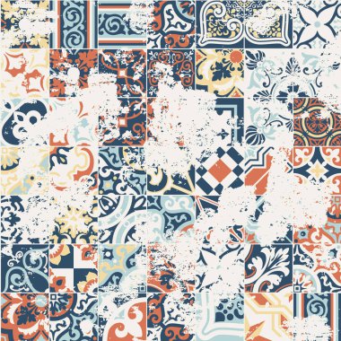 Geometrik seramik fayanslar yama işi duvar kağıdı soyut vektör dikişsiz desen grunge etkisi ayrı katman
