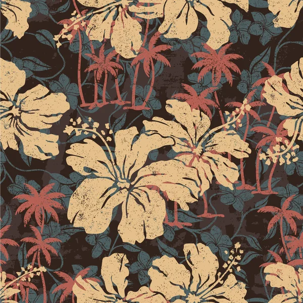 Grunge Hibiscus Flowers Palms Frangipani Background Tropical Abstract Vector Seamless — Stok Vektör