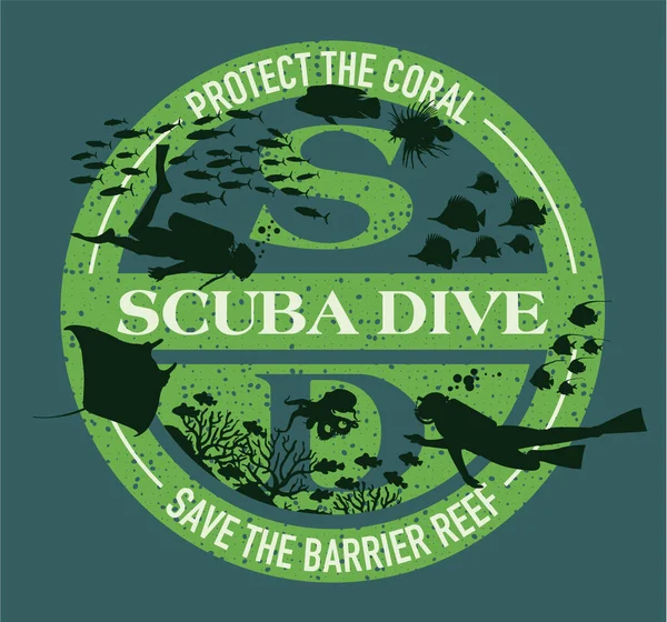 Scuba Diving Protect Coral Reef Vector Print Shirt Sticker Label — Archivo Imágenes Vectoriales