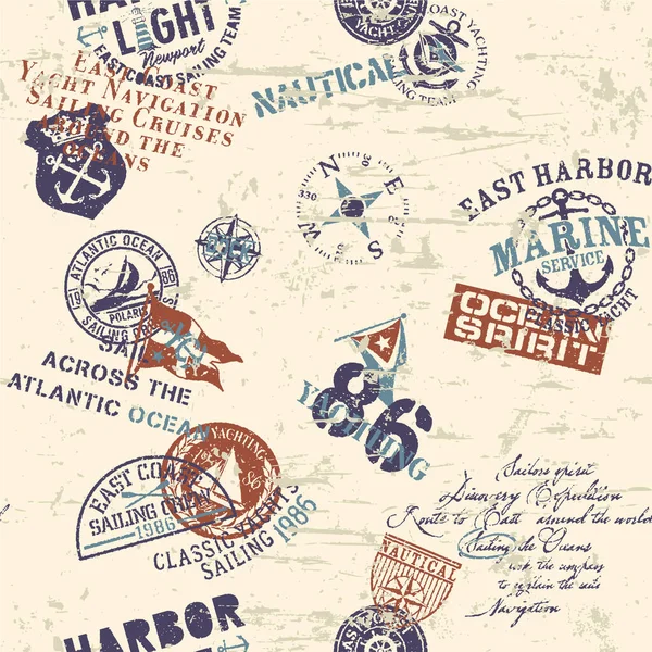 Grunge Nautical Marine Sailing Elements Patchwork Abstract Vintage Vector Seamless — Image vectorielle