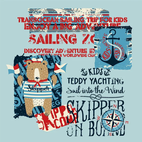 Cute Sailor Bear Skipper Kid Yacht Sailing Team Grunge Cartoon — Stockový vektor