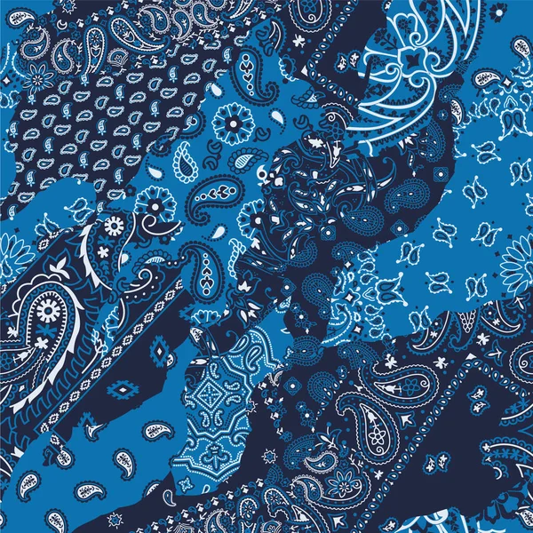 Blaue Paisley Bandana Stoff Patchwork Abstrakte Vektor Nahtlose Muster — Stockvektor