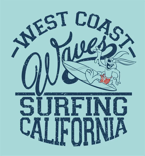 Cute Rabbit Surfer California Wave Rider Vector Print Children Wear — Stock Vector