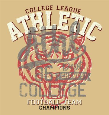 Tiger College futbol ligi atletizm bölümü çocuk tişört grunge etkisi için klasik vektör çizimi ayrı katman 