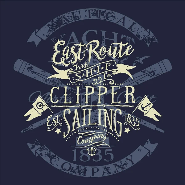 East Route Nautiska Clipper Segling Företag Grunge Vintage Konstverk För — Stock vektor