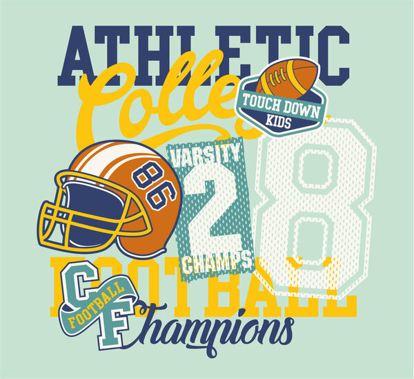 Cute college athletic American football champions kids team abstract vector print for baby children wear with embroidery applique patches