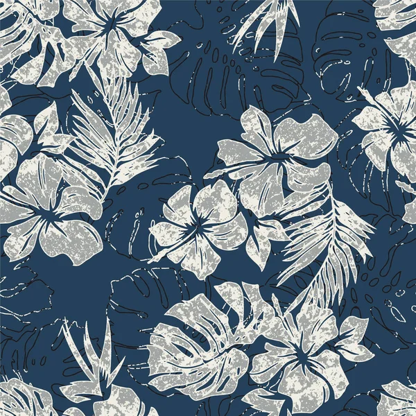 Flores Hibisco Azul Hojas Tropicales Papel Pintado Grunge Hawaiano Estilo — Vector de stock