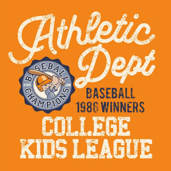 Leuke Atletische Afdeling College Honkbal Kids Liga Vintage Vector Print — Stockvector