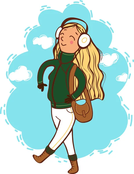 Chica con auriculares. clima frío — Vector de stock