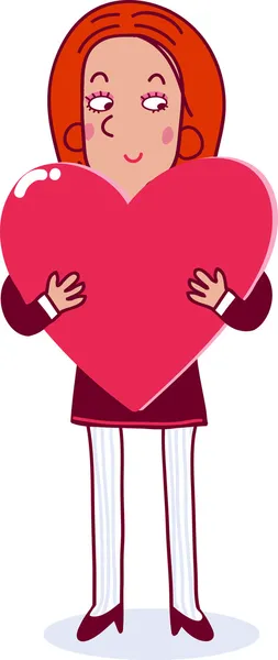 Girl in love holding a big heart and smiling. — Stock Vector