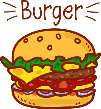 Üzerinde yazı olan beyaz üzerine çizgi film hamburgeri.