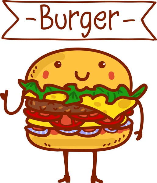 Funny hamburger met voeten en handen glimlachen — Stockvector