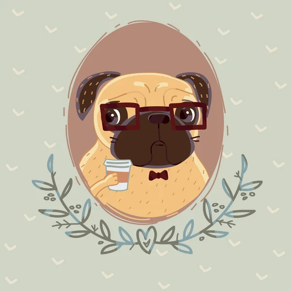 Pug hipster avec tasse de café — Image vectorielle
