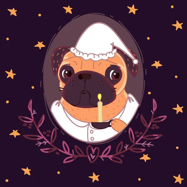 Pug in nightgown and nightcap with a candle at night. — Stock Vector