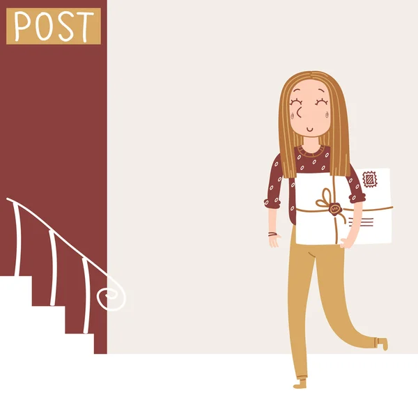 Girl goes to the post office to send a large letter — Stock Vector