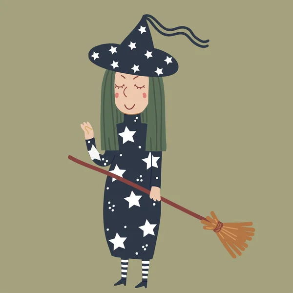 愤怒与绿色的头发和一把扫帚在万圣节前夕的女巫 — 图库矢量图片