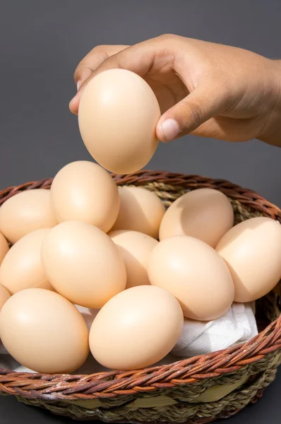 Ramasser les œufs à la main dans le panier - Concept de risque — Photo