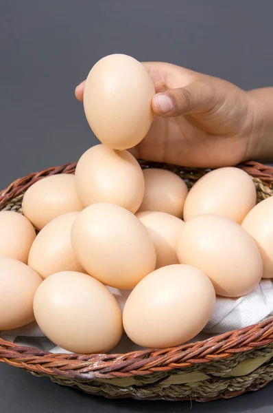 Ramasser les œufs à la main dans le panier - Concept de risque — Photo