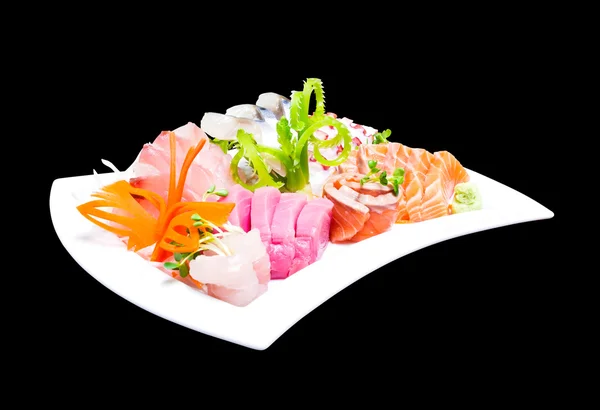 Mixed sashimi in white plate isolated on black background,with c — Stock Photo, Image