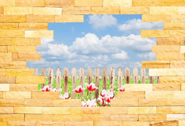 Schiantato muro di mattoni con bel paesaggio behi — Foto Stock