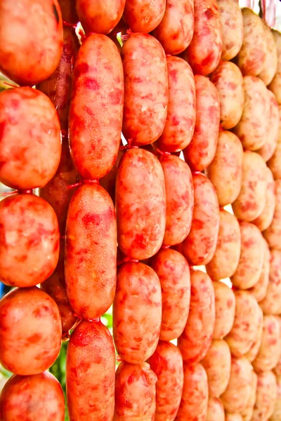 Home made meat salami sausage at street market hanging in line u — Stock Photo, Image