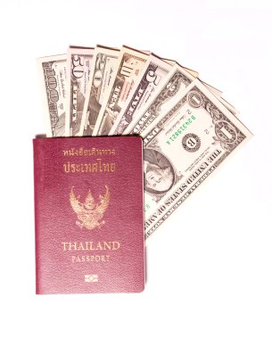 Bizi Doları banknot beyaz zemin üzerine Tayland pasaportu ile