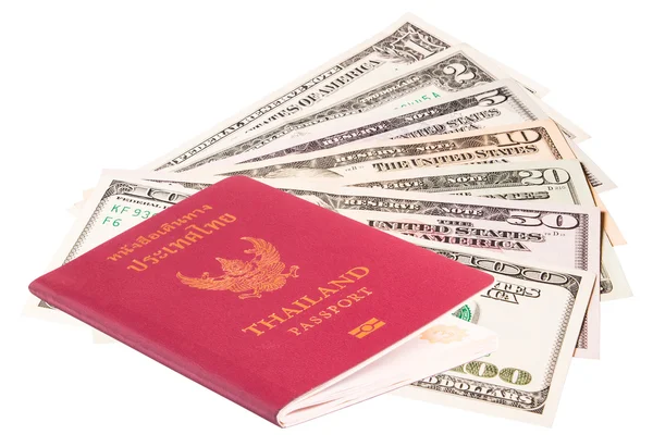 Us dollar bills with Thailand passport on white background — Stock Photo, Image