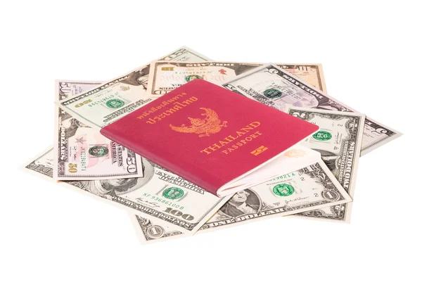 Us dollar banknote with Thailand passport on white background — Stock Photo, Image