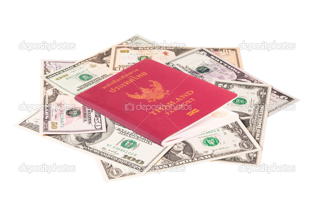 us dollar banknote with Thailand passport on white background