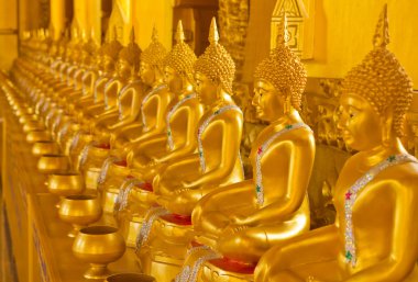 Tayland Tapınağı'nda altın Buda heykelinin satır.