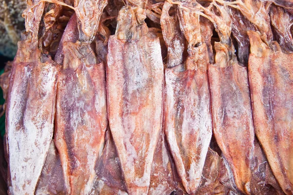 Getrocknete Tintenfische auf dem Fischmarkt, östlich von Thailand — Stockfoto
