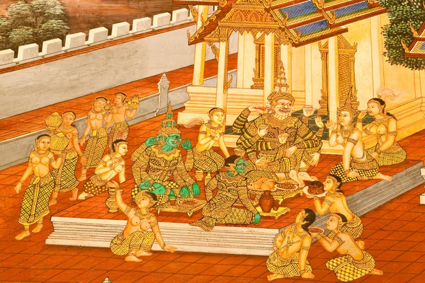 Masterpiece of traditional Thai style painting art on temple wal — Stock Photo, Image