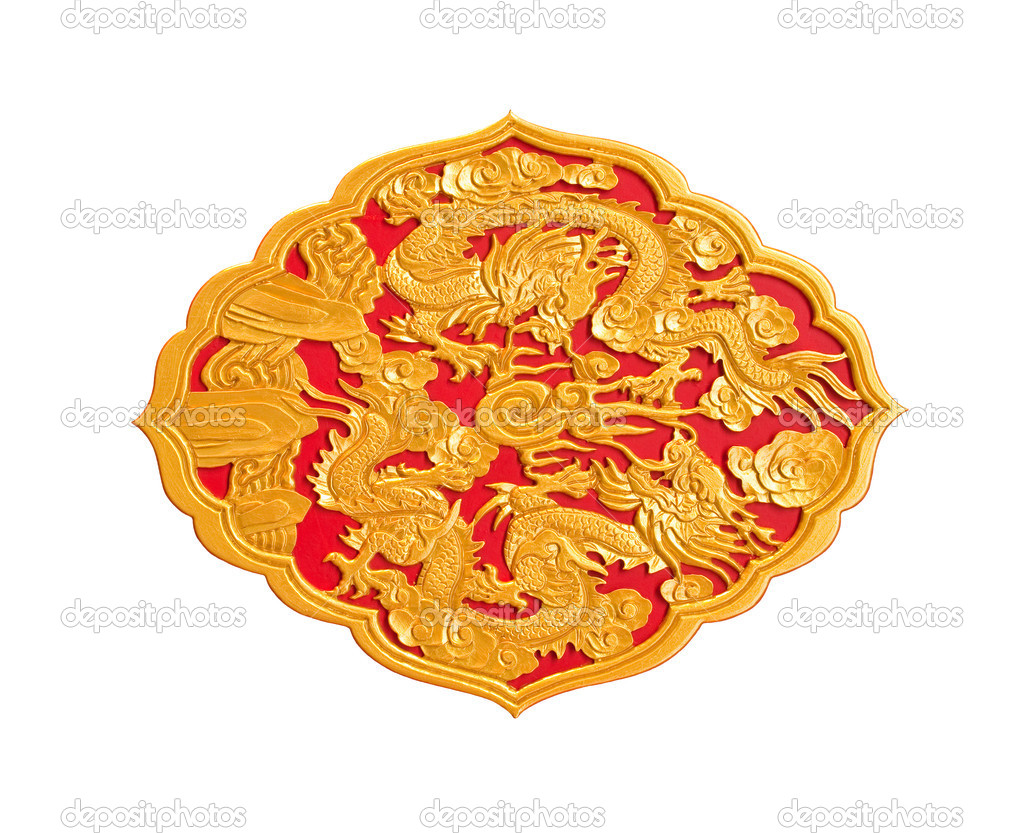 Golden dragon decorated on red wood in chinese temple,Isolate on