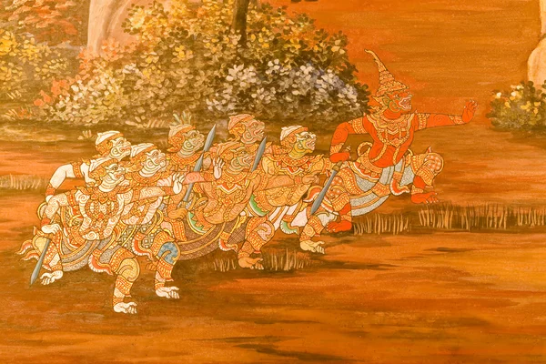 Obra maestra de arte tradicional de pintura de estilo tailandés en wal templo —  Fotos de Stock