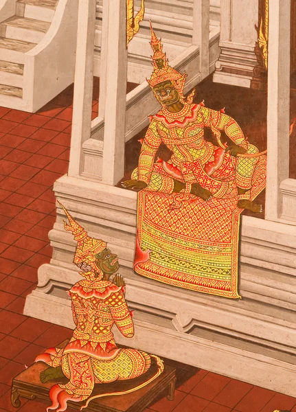 Meisterwerk traditioneller thailändischer Malerei auf Tempelwal — Stockfoto